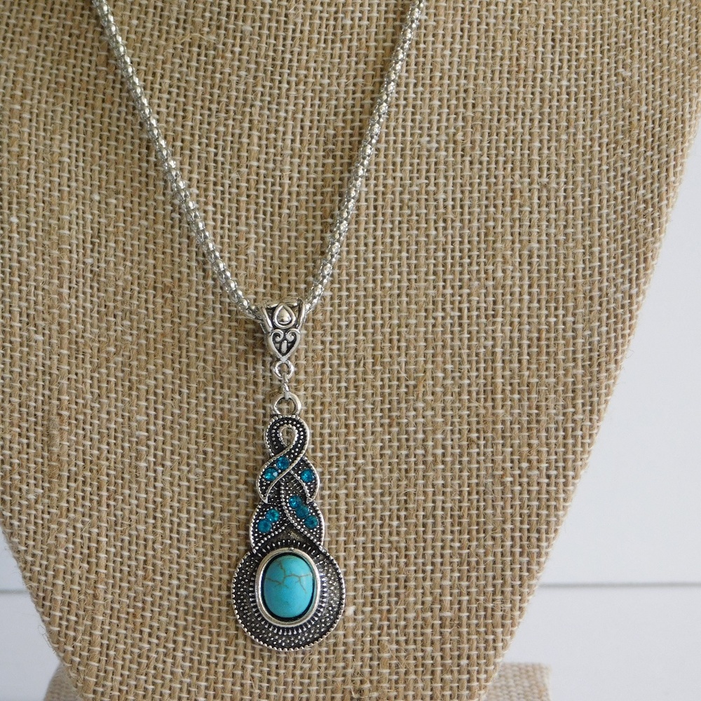 New Tibetan Silver Blue Turquoise Chain Crystal Pe